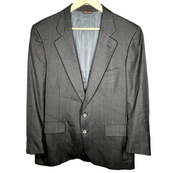 Geoffrey Beene 40R Wool Blazer Windowpane Plaid 2 Button Suit Jacket Blue Gray - Picture 1 of 7